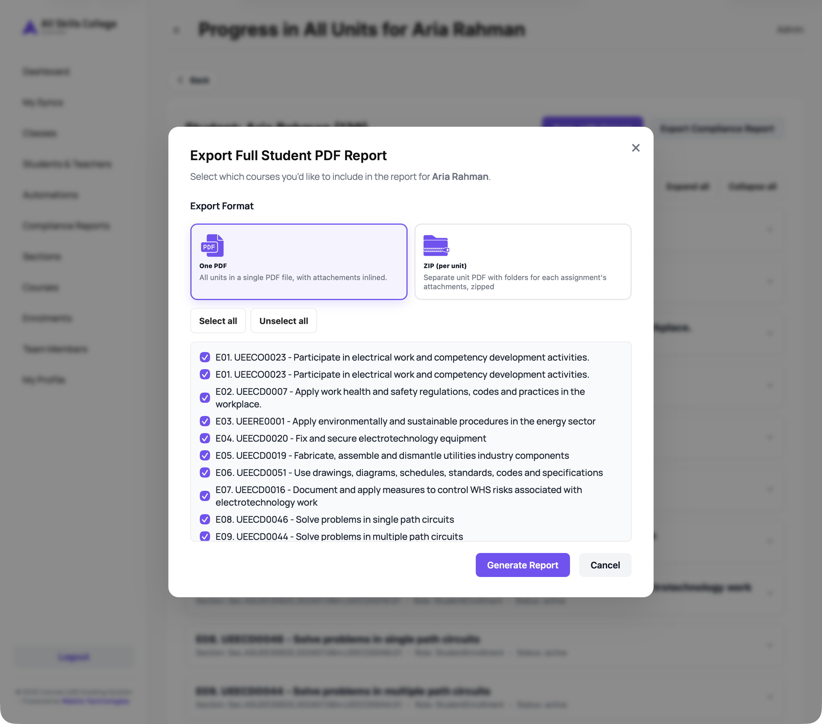 Compliance export modal