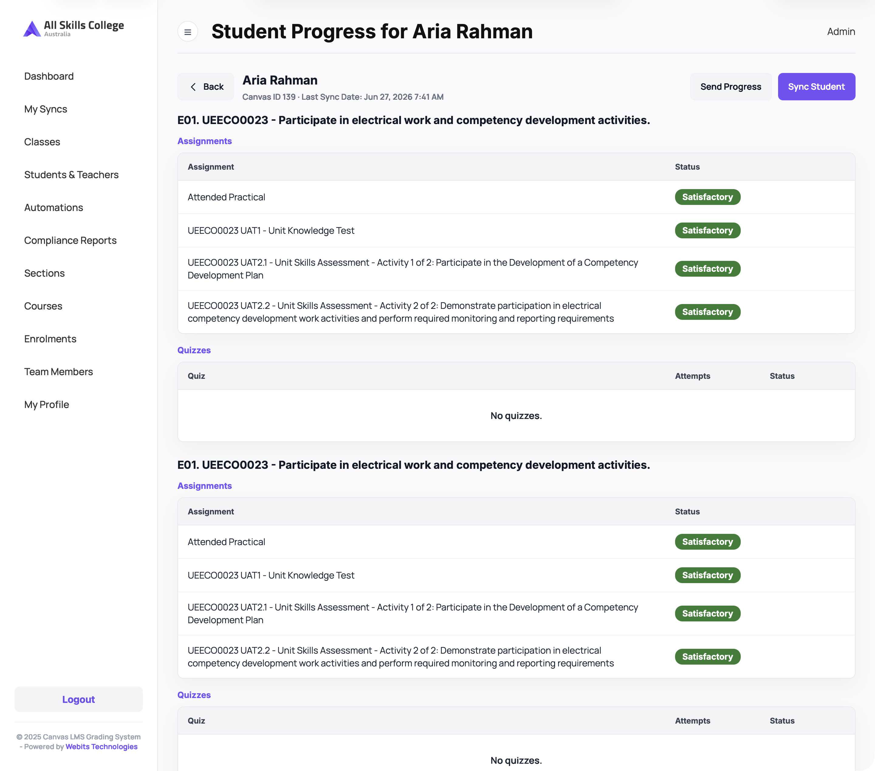 Student progress table