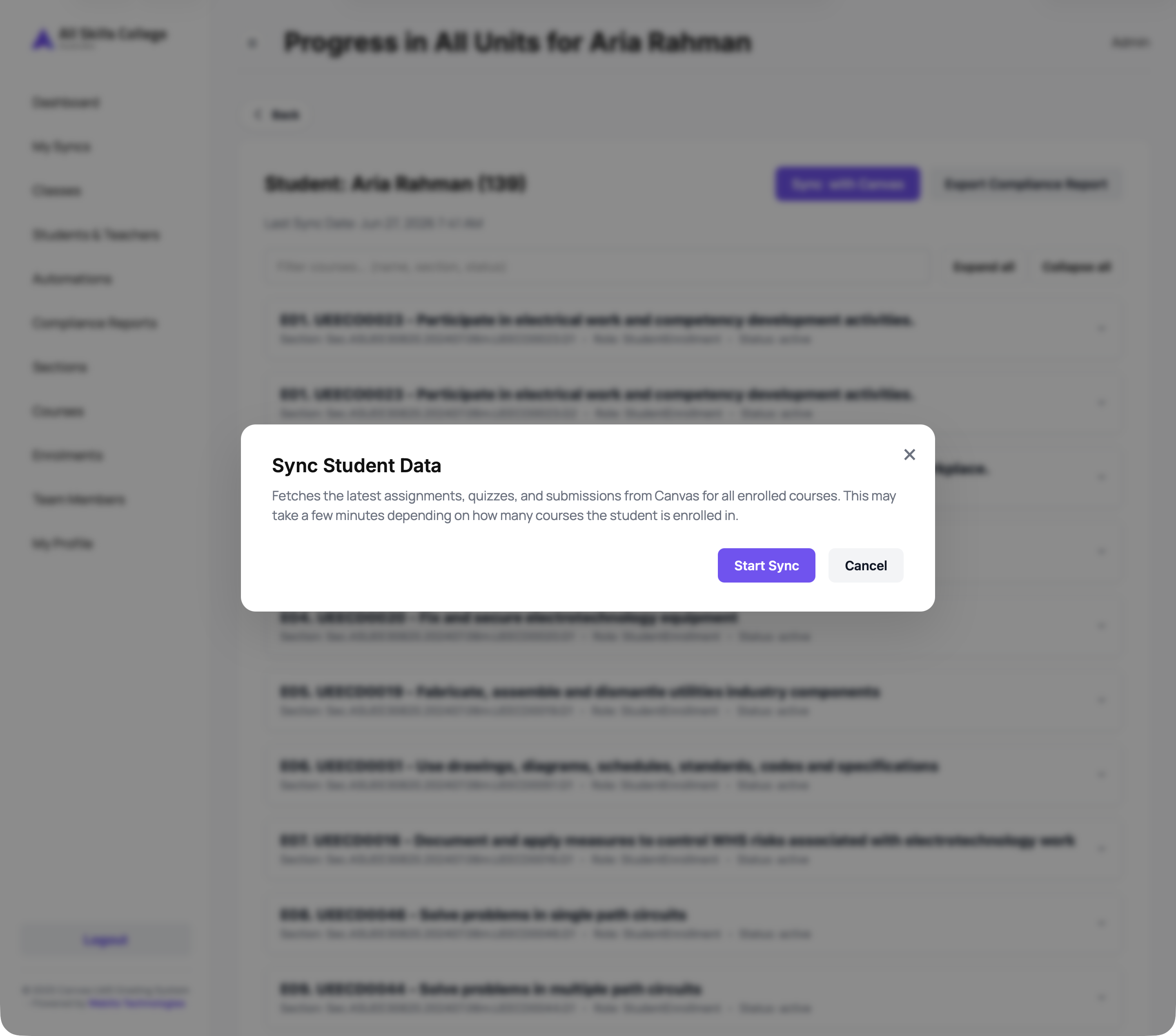 Student sync modal