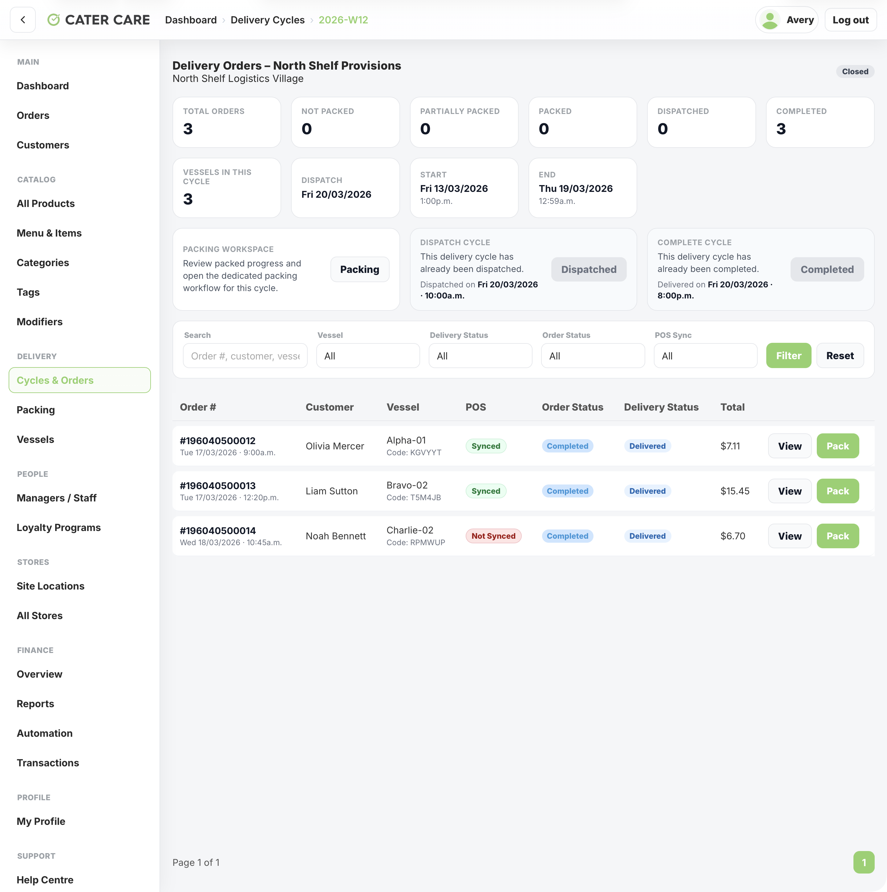 Delivered cycle orders
