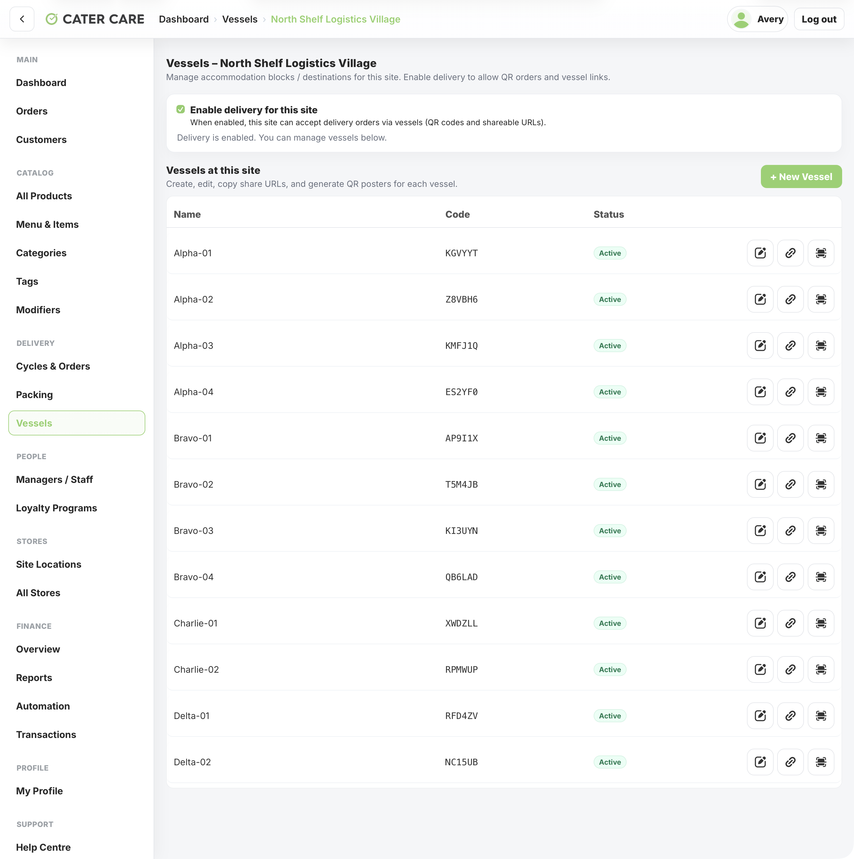 Manage vessels for site