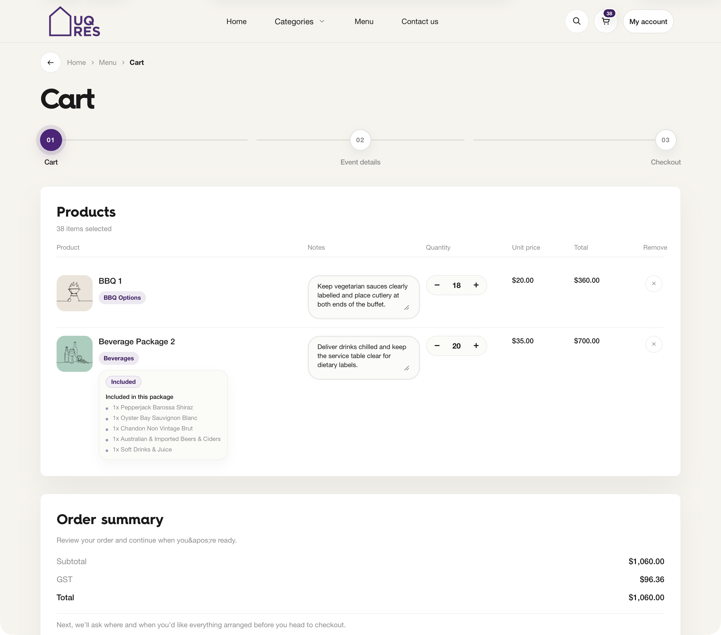 Customer cart with product notes