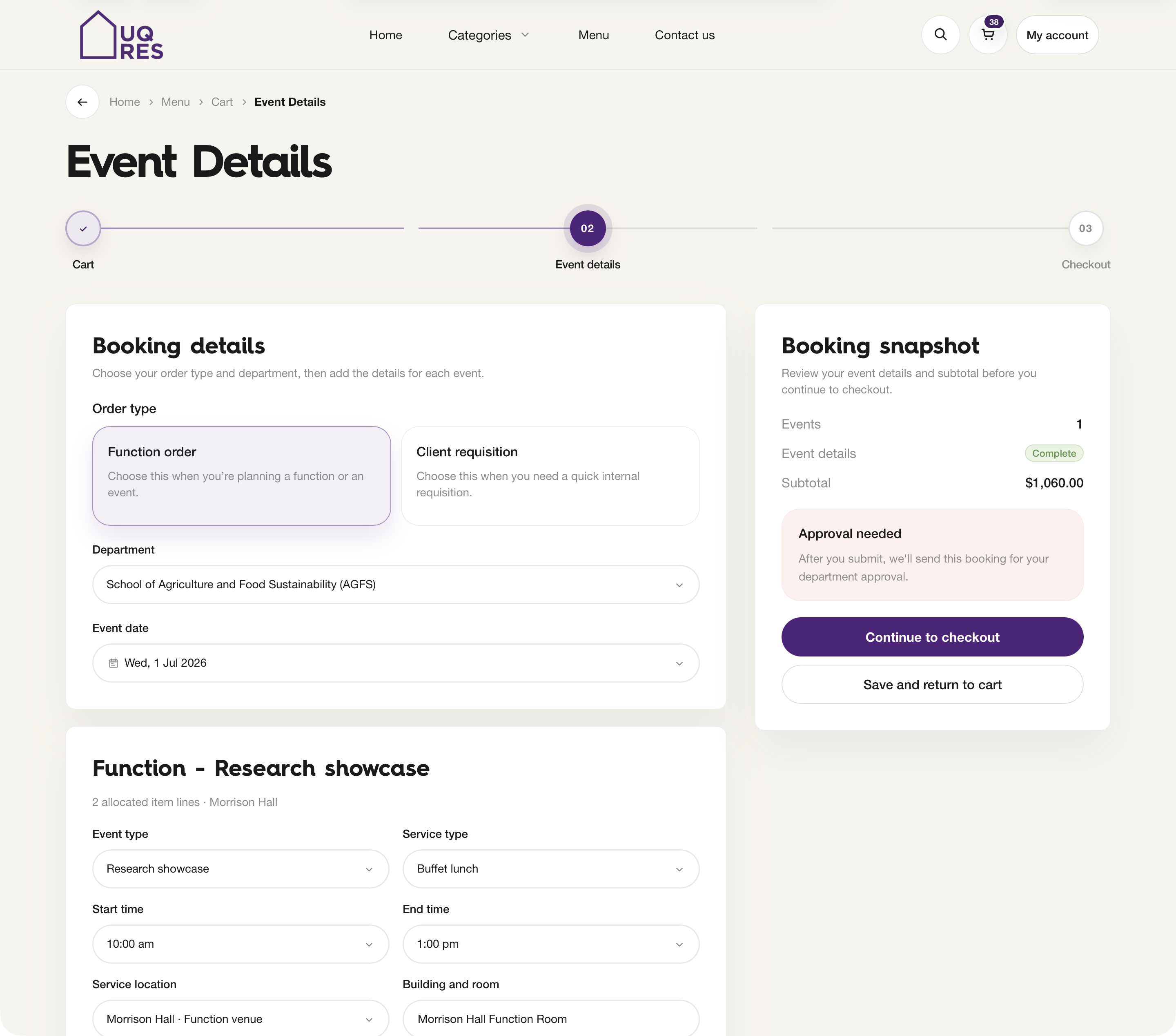 Booking details and department context