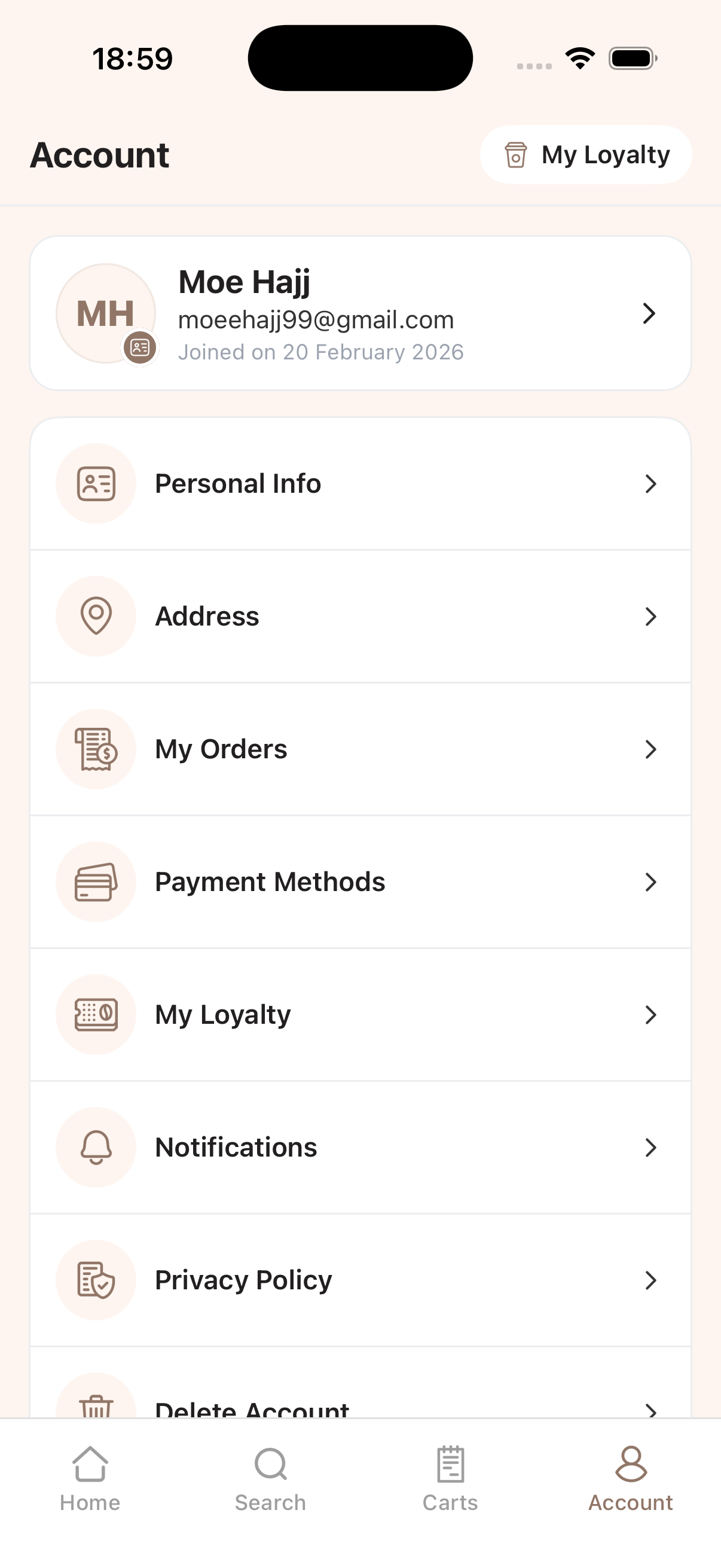 Account screen
