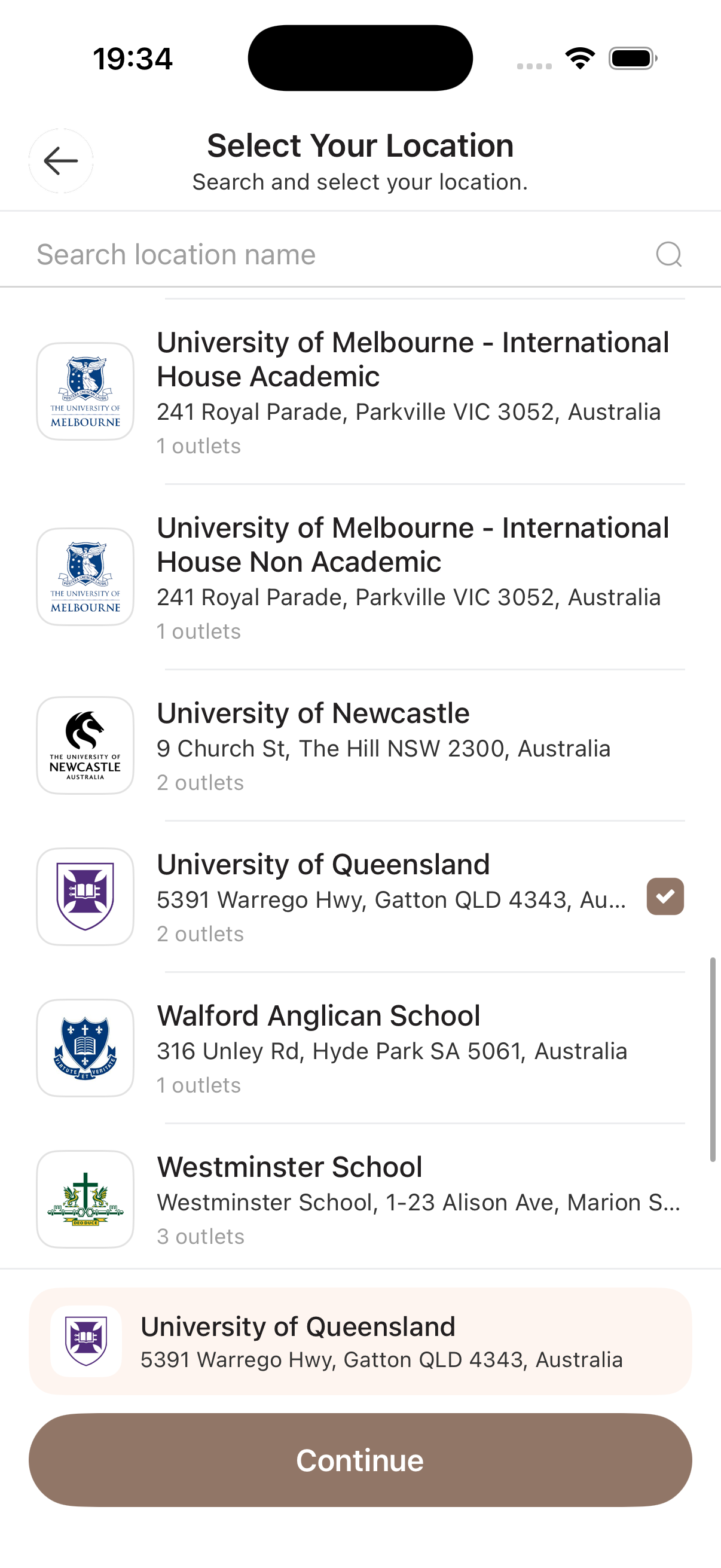 Site selection list