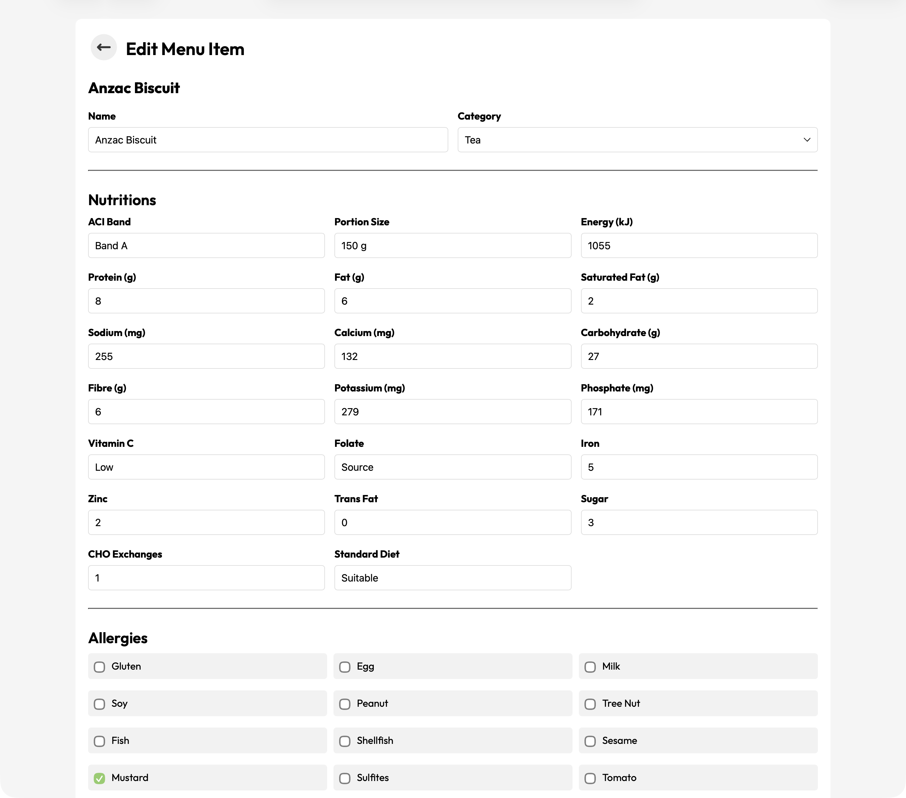 Menu item editor