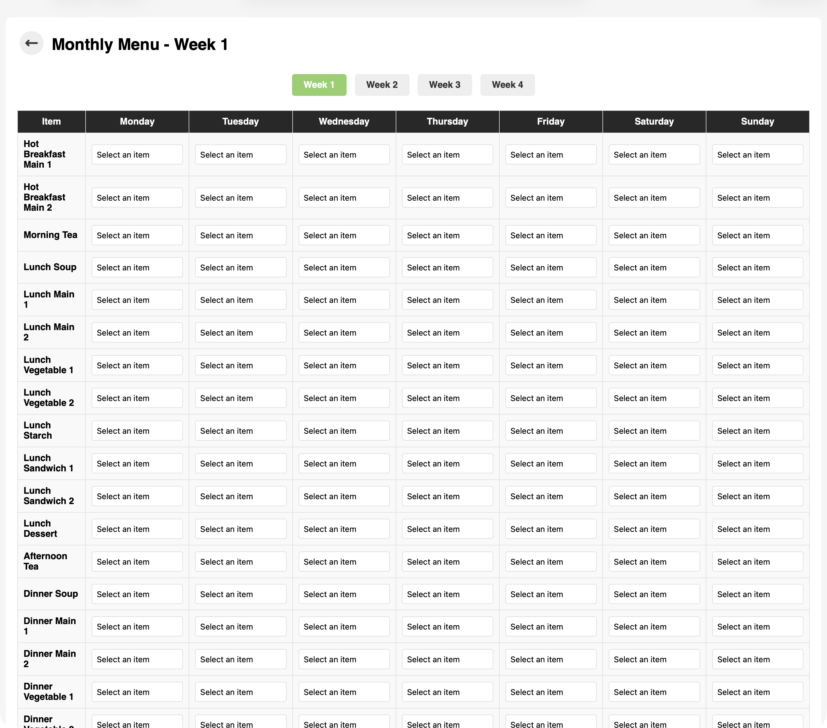 Weekly menu editor
