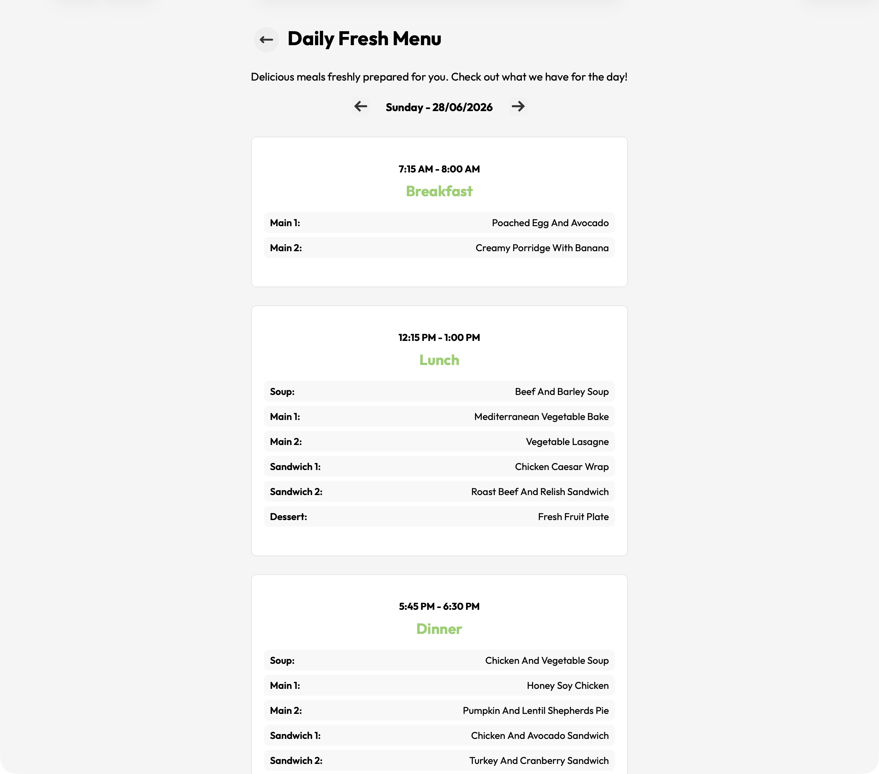 Daily menu view