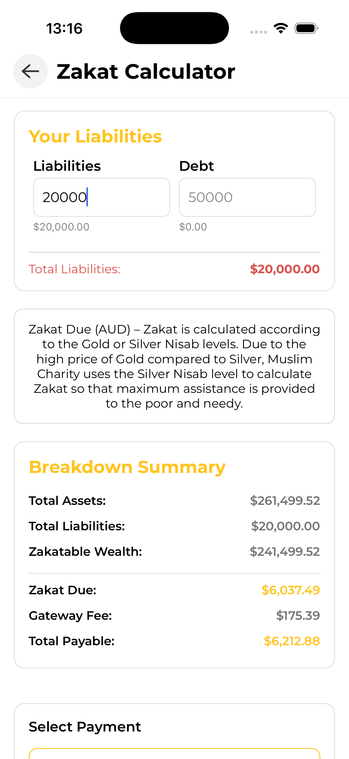 Zakat calculation result
