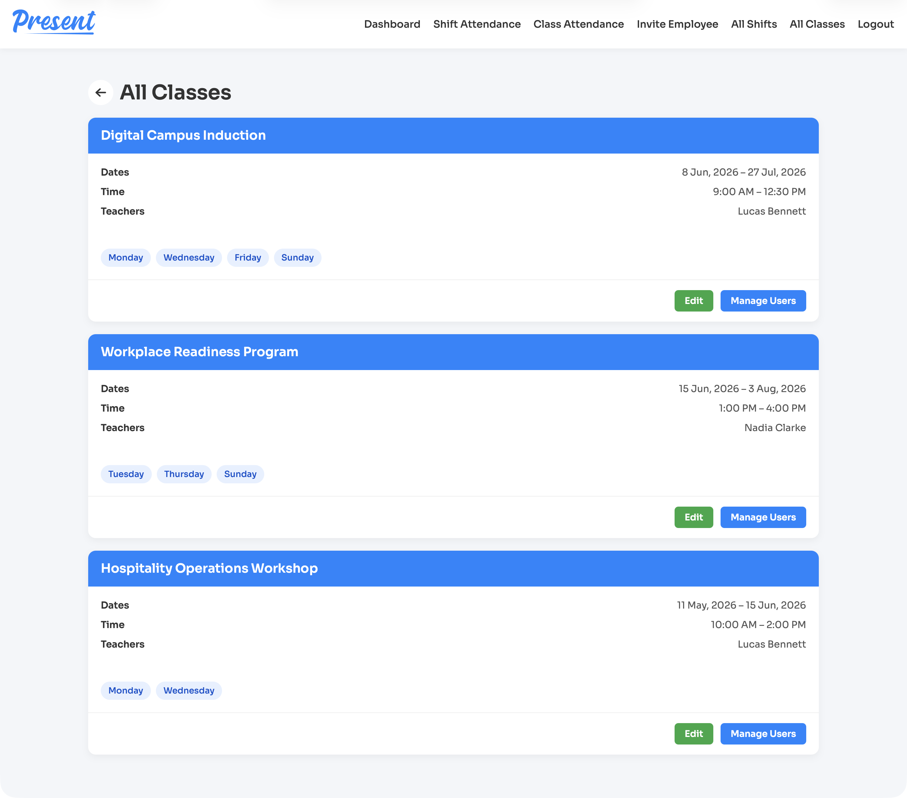 Classes list