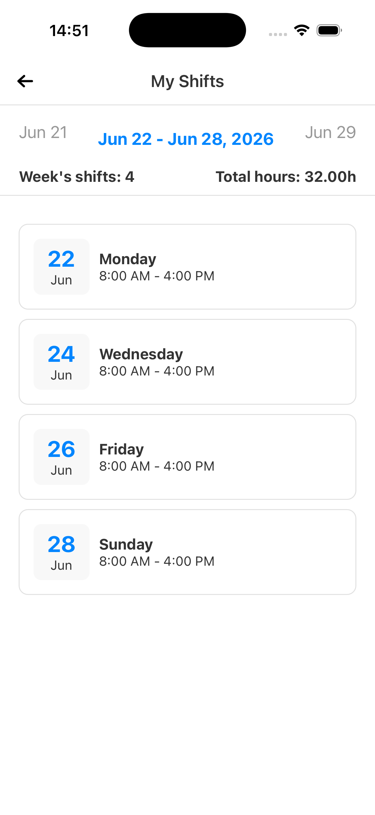 Staff shift schedule