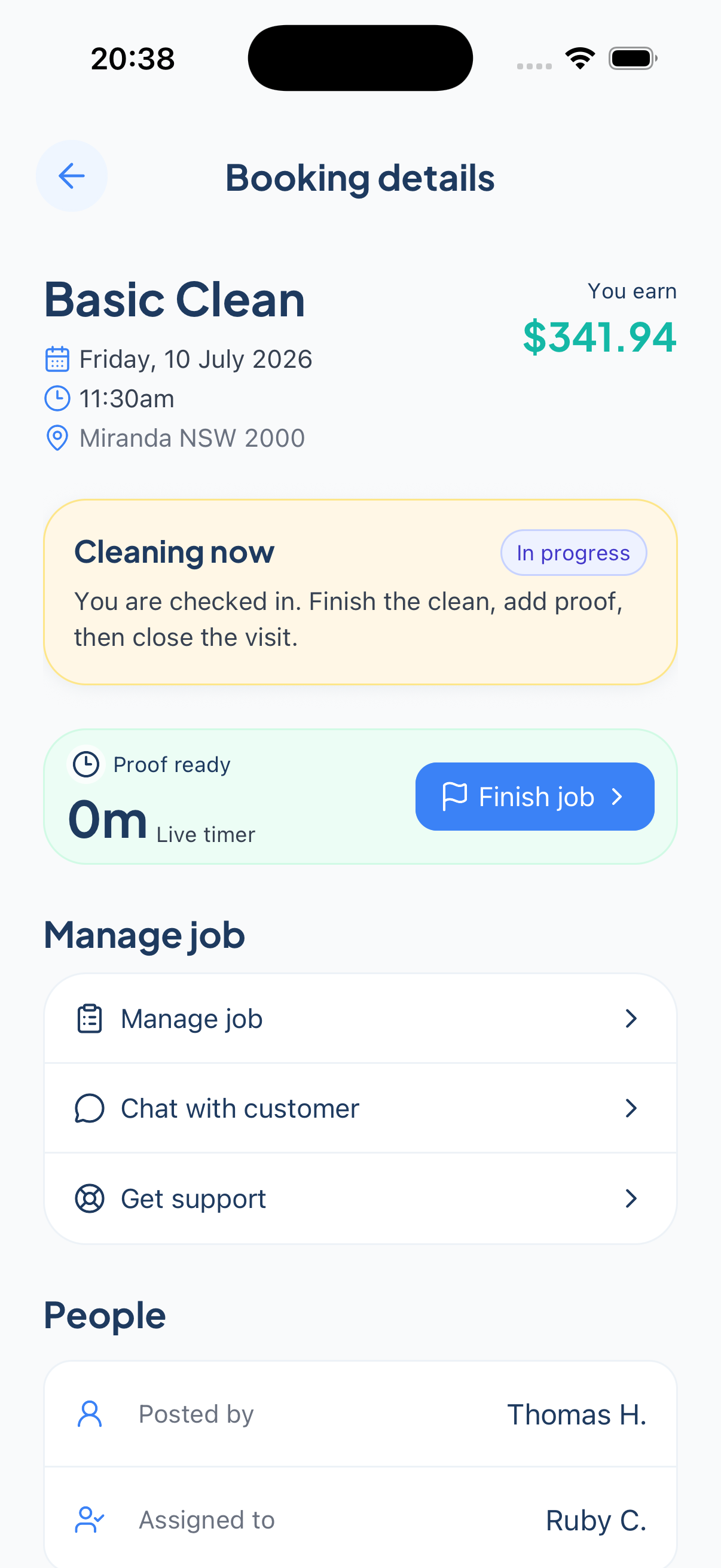 Cleaner booking detail