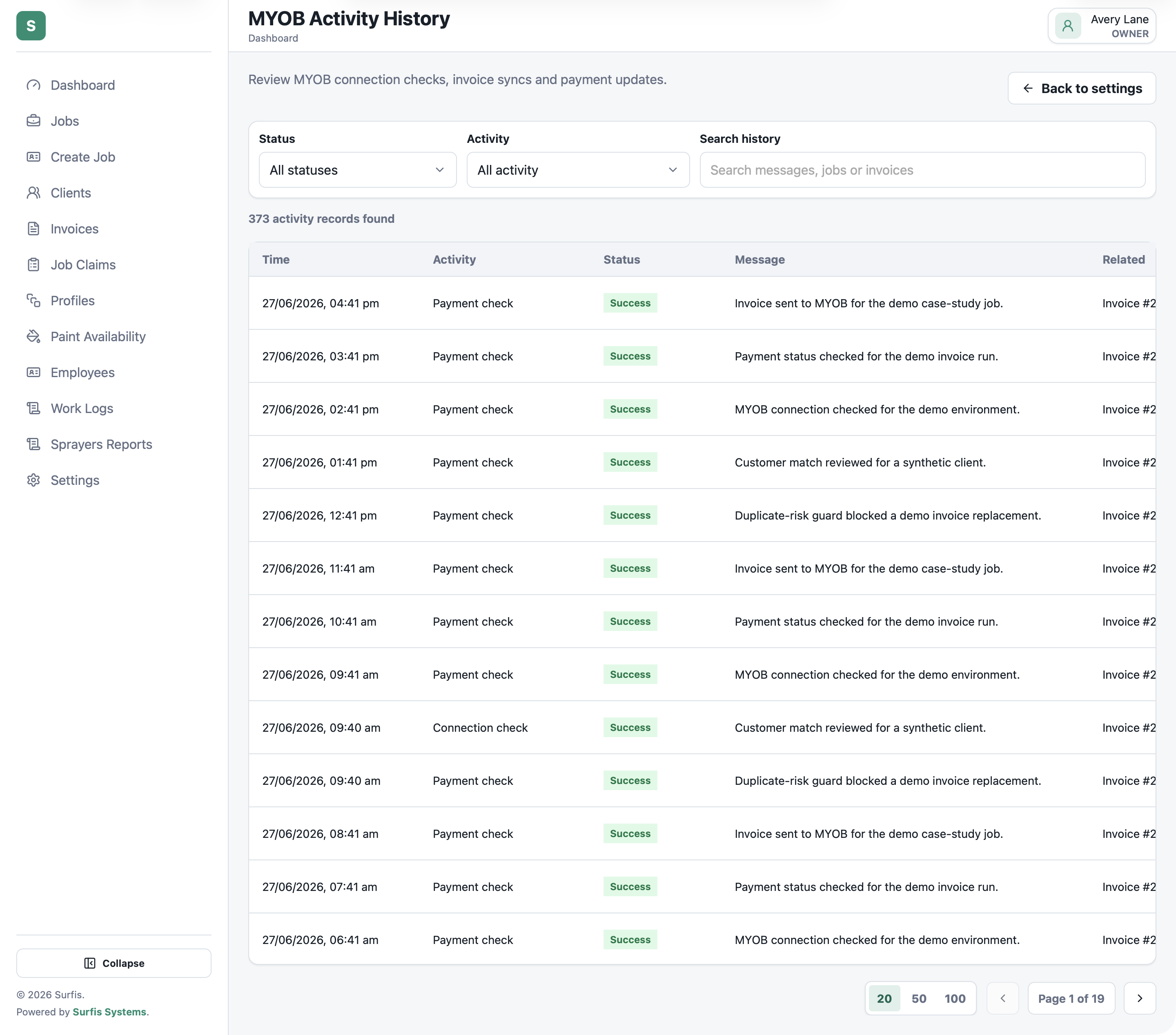 MYOB activity history