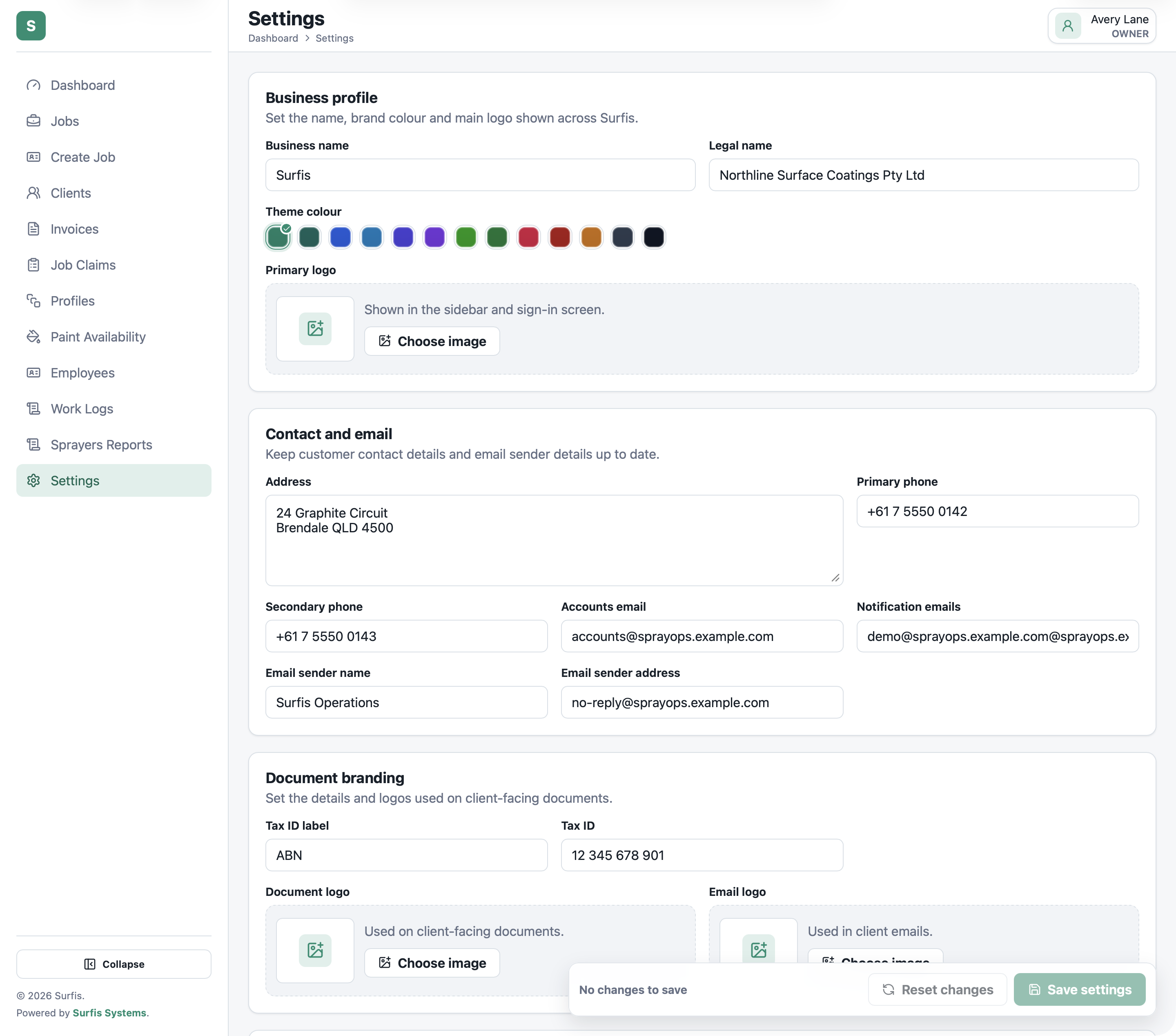 Settings and business profile