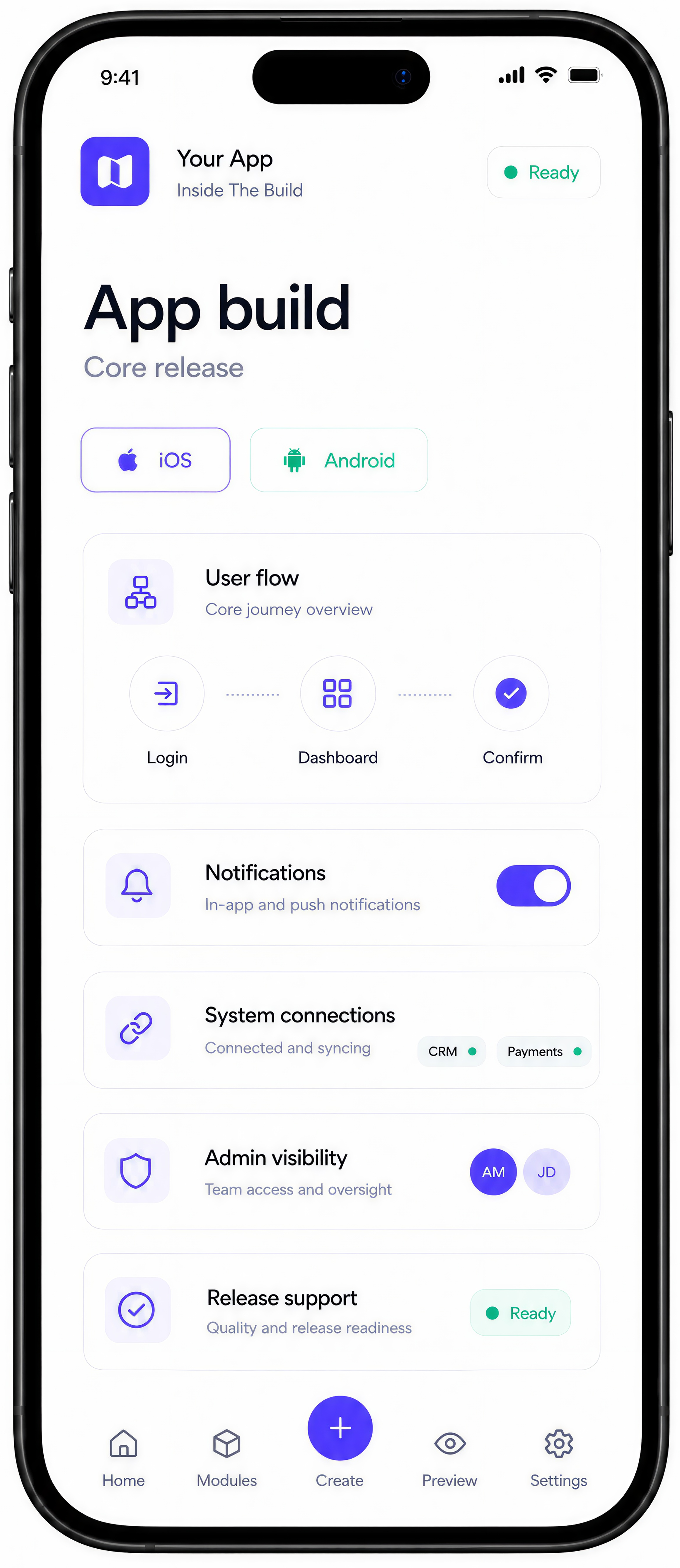 Custom mobile app product flow screen showing build path, modules and release review.