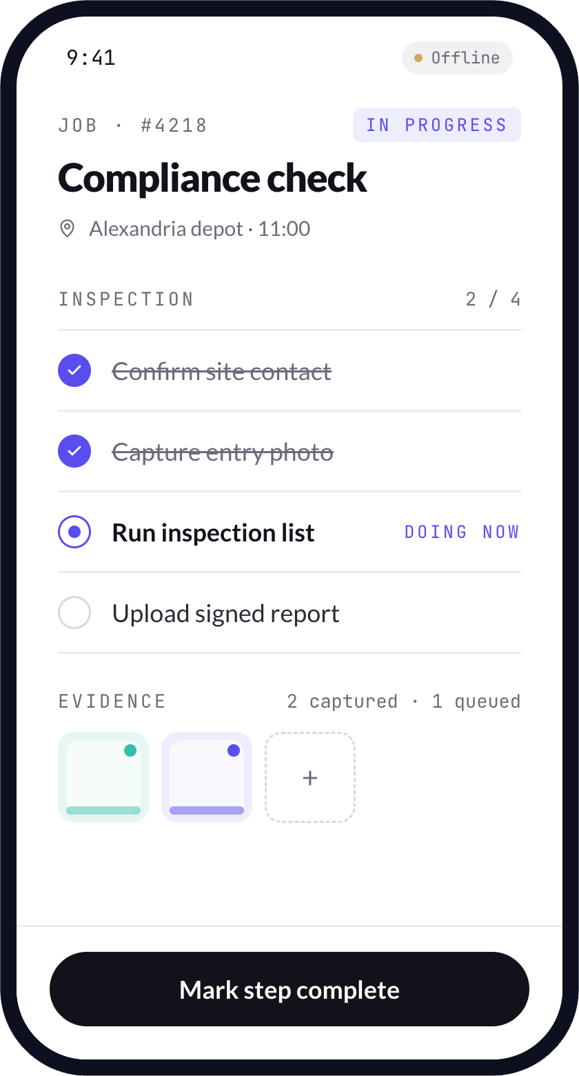 Mobile compliance checklist screen with evidence capture and offline status.
